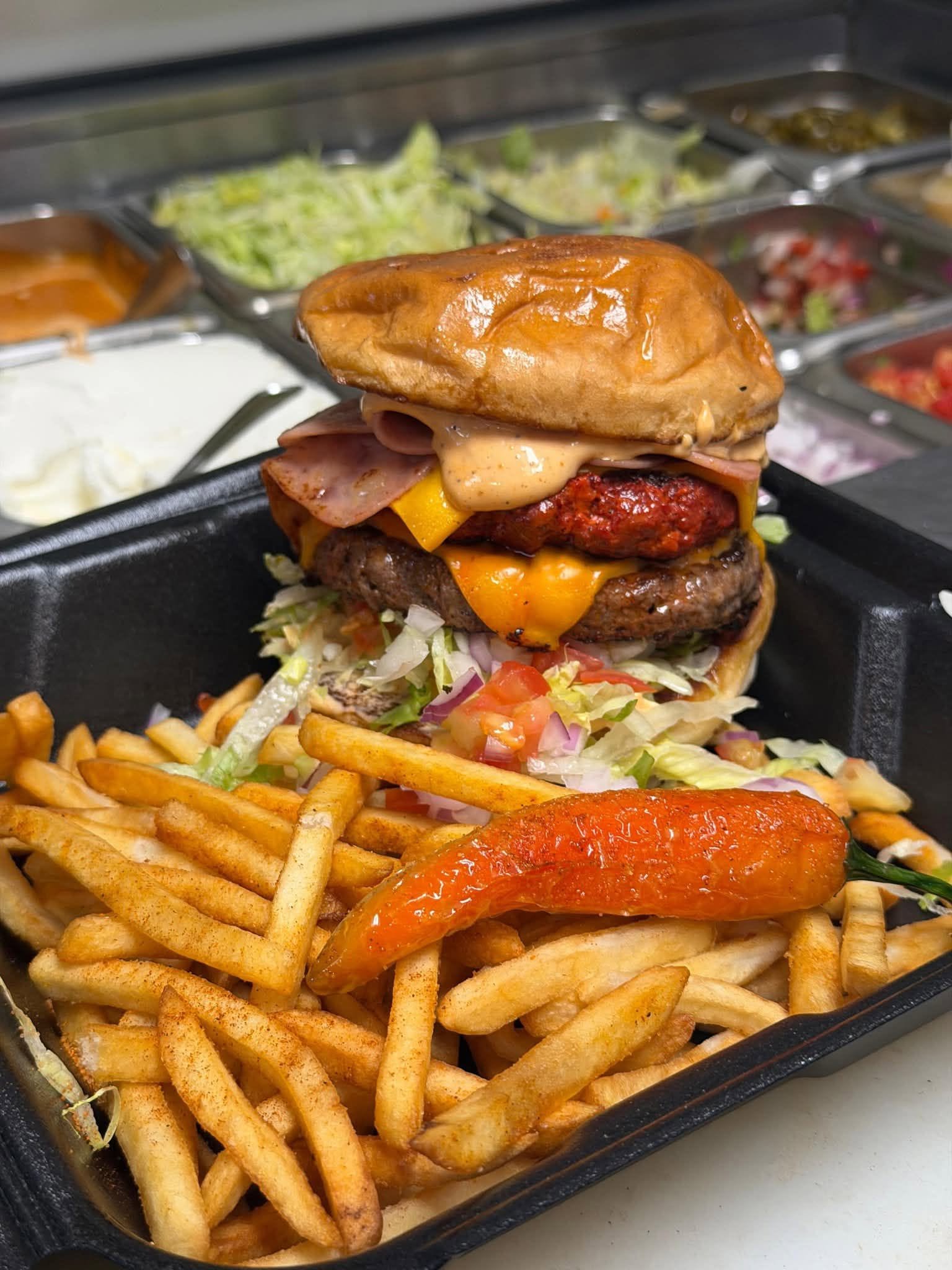 Jalisco burger with chorizo, ham and cheese with fries
